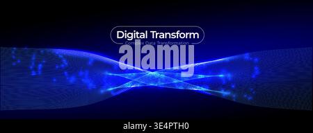 Digital Transformation AI Neuronal Wave Connection Overflow Light Lines, Blue Neon Glowing Pathway. Innovate Neural Scientific Complex Researching Stock Vector
