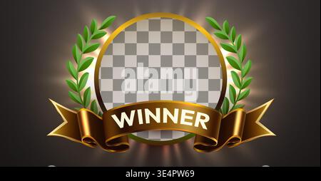 Golden winner award emblem with laurel wreath and transparent frame. Perfect for awards, achievements, and recognition. Vector illustration Stock Vector