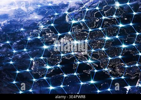 Digital map of Europe at night with a glowing blue mesh network and interconnected nodes. Represents global communication, fiber optics, big data, int Stock Photo