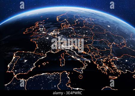 Stunning satellite view of Europe at night with glowing city lights and orange country borders. High-tech Earth visualization showing urban connectivi Stock Photo