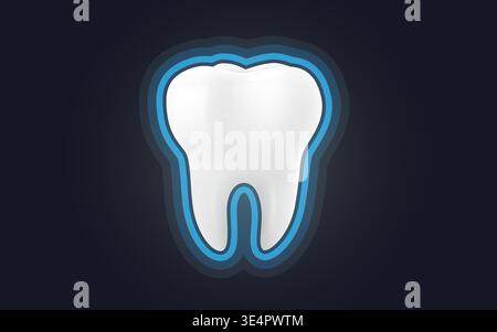 Bright white tooth with blue glow on a dark background. Dental care and hygiene concept. Vector illustration Stock Vector