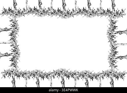 Vineyard scene, row of grapevines on old twisted trunk, leafy foliage, ripe grape clusters, young creepers. Rustic frame isolated ink vector Stock Vector