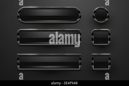 Sleek black glossy buttons with metallic frames for modern UI design. Vector illustration. Stock Vector
