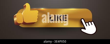 Golden LIKE button with a cursor click animation. A sleek web element for social media interaction. Vector illustration Stock Vector