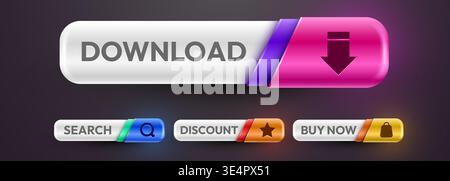 Set of modern glossy 3D web buttons for UI design, including download, search, discount, and buy now. Vector illustration Stock Vector