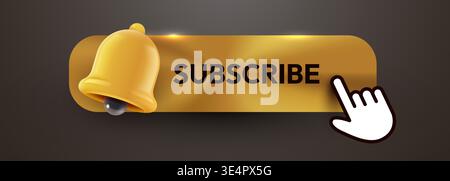 Golden subscribe button with notification bell and clicking cursor. Ideal for social media, digital platforms, and online content. Vector illustration Stock Vector