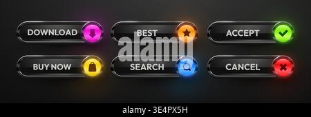 Sleek UI vector button set with glowing icons. Essential interface elements for modern web and app design. Vector illustration Stock Vector