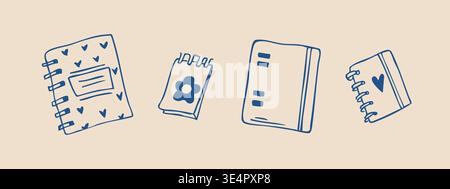 Set of notebooks with handwritten notes and paper sheets close up background Stock Vector