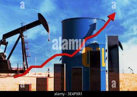 Red upward arrow and rising bar graph over a blue oil barrel and pump jacks. Concept of rising oil prices, energy market growth, economic recovery, an Stock Photo