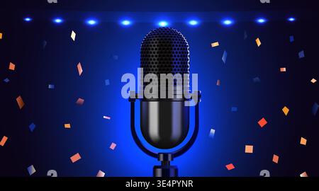 Classic microphone on a glowing stage with confetti. Perfect for an event, show, or celebration. Vector illustration Stock Vector