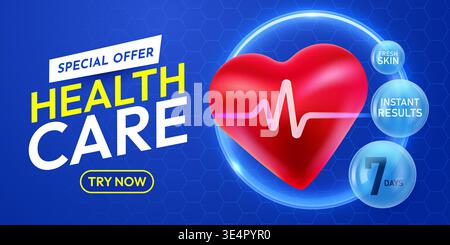 Special Offer Healthcare promotional banner with a vibrant 3D heart and medical theme. Vector illustration. Stock Vector