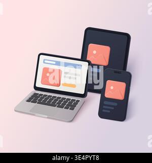 Modern 3D rendered digital image displays on laptop, tablet and smartphone showing responsive web interface for UI design, app presentation and online content mockup vector illustration Stock Vector