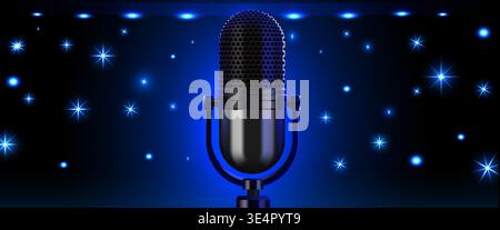 Vintage Microphone on Stage with Blue Lights. A classic mic, perfect for music events and performances. Vector illustration. Stock Vector