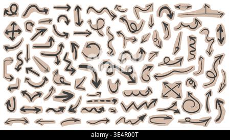 Hand drawn crayon doodle arrows set on beige cutout scraps, playful collage style elements for notes, planners, journaling, direction icons and creative layouts isolated vector illustration Stock Vector