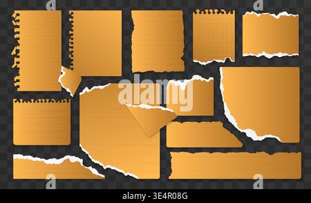 Set of golden torn paper notes and ripped sheets with jagged edges, curled corners and notebook textures on transparent background for scrapbooking, memo design and branding vector illustration Stock Vector