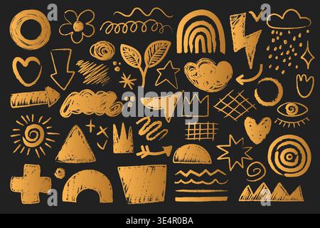 Set of golden hand drawn doodle shapes, arrows, hearts, clouds, rainbows and abstract sketch elements on black background for creative design, decoration and branding vector illustration Stock Vector