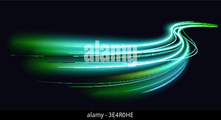 Dynamic neon blue and green luminous curved light trails on dark background, futuristic motion streaks creating perspective energy wave for technology, sci fi and speed concepts vector illustration Stock Vector