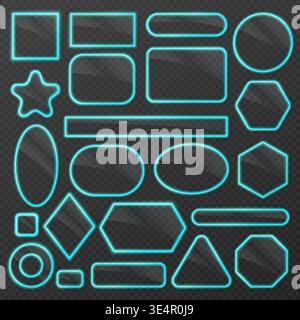 Set of neon glass UI elements with glowing turquoise outlines in various geometric shapes on transparent dark background, ideal for futuristic buttons, frames and banners vector illustration Stock Vector
