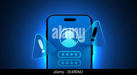 Smartphone security concept with login interface and warning signs. Cybersecurity illustration. Vector illustration. Stock Vector