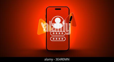 Login Security Alert on Mobile Phone with prominent warning signs indicating a potential data breach or error. Vector illustration Stock Vector