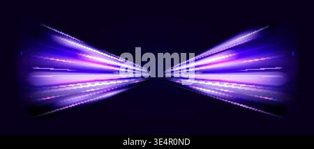 Futuristic neon purple light speed lines converging to center on dark background, glowing motion streaks for sci fi, technology or music backgrounds vector illustration Stock Vector