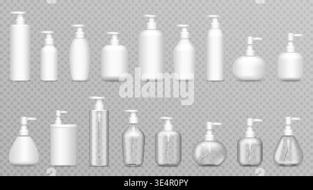 Realistic plastic bottles with dispenser airless pump, blank cosmetic packaging mockup collection for lotion, soap, shampoo and skincare products on transparent background vector illustration Stock Vector