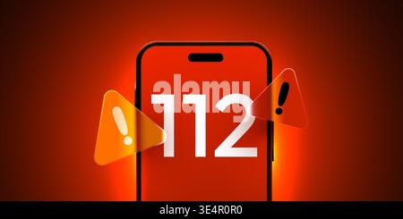 Urgent emergency call 112 concept on a smartphone screen with alert symbols on a vibrant red background. Vector illustration. Stock Vector