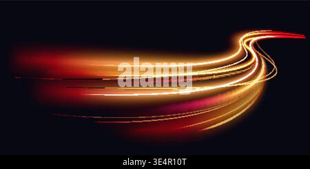 Dynamic red orange luminous light trails in perspective on dark background, glowing motion lines creating futuristic speed effect for technology, energy or abstract design concepts vector illustration Stock Vector