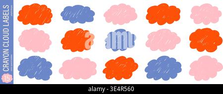 Hand drawn fluffy cloud stickers. Crayon style labels. Childish doodle frame elements Stock Vector