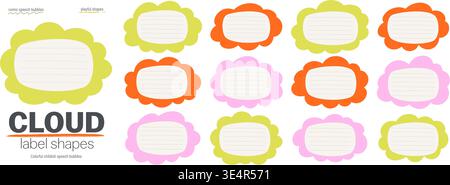 Wavy fluffy cloud label collection. Rounded edges for promo frames. Cute kid text boxes Stock Vector