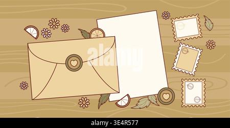 Snail Mail. Blank Stationery Set on Wood Background. Craft Envelope, Letter Paper, Postage Stamps Template, and Chamomile Flowers, Lemon Pieces and Dr Stock Vector