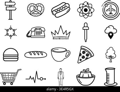 Mixed Food Travel Science And Business Line Icon Set. Stock Vector