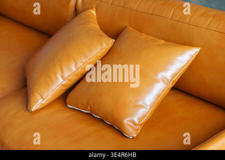 Close up of brown leather decorative cushions, pillows on sofa or couch. Cozy modern living room furniture detail, upholstery texture, comfortable sea Stock Photo