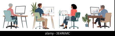 Set of people work at desks with computers Stock Vector