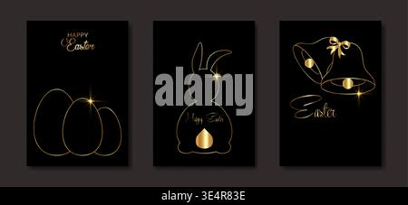 Easter set card of gold and black abstract texture. Happy Easter holiday invitations templates collection with golden bunny, bells, easter eggs Stock Vector