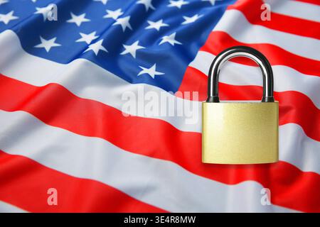 Visa application. Flag of USA and paddle lock Stock Photo