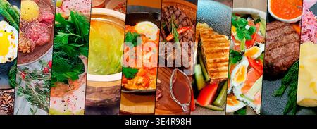 Food collage featuring assorted restaurant dishes and gourmet meals. Selection of fresh healthy ingredients, grilled meat, cooked eggs, and vegetables Stock Photo