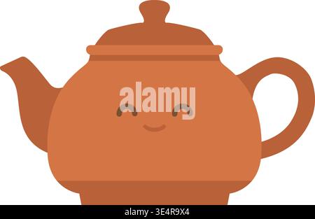 Charming illustration of a rounded brown teapot with a smiling face curved spout lid and handle shown from the front. Stock Vector