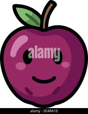 Playful illustration of a round purple plum fruit character with a smiling face rosy cheeks and a green leaf near the stem. Stock Vector