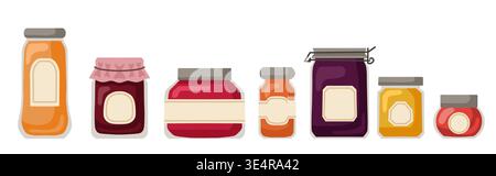 Vector set of various jams with empty labels. Collection of clip art of jars with sweet syrup in a flat style for recipes, menus, and postcards. Stock Vector