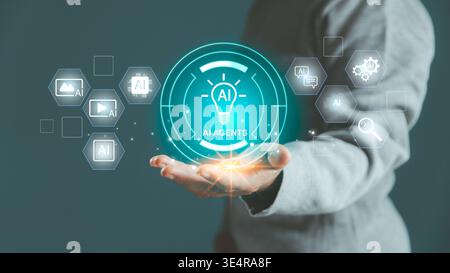 Hand presenting luminous AI agents symbol with floating digital icons, highlighting smart automation, virtual assistants, machine intelligence, seamle Stock Photo