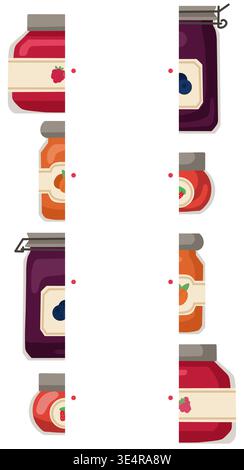 Vector educational game for kids Find the half. Fun and colorful matching activity with jams jars for preschool learning, printable worksheets, and ch Stock Vector