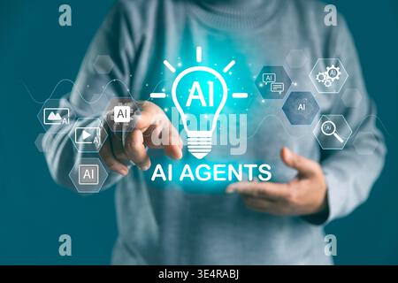 Person pointing at glowing AI agents lightbulb with digital icons, illustrating artificial intelligence, smart ideas, virtual assistance, innovation, Stock Photo