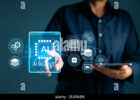 Business user pointing to AI agents interface while holding tablet, showing data integration, automation tools, digital workflow, smart systems and mo Stock Photo