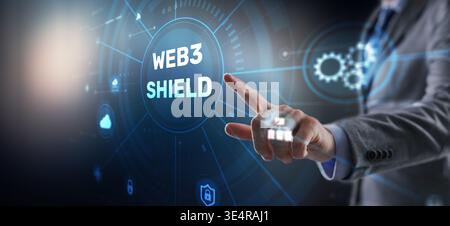 Web3 Shield, Cybersecurity, Advanced Web3 shield technology with blockchain protection protocols. Stock Photo