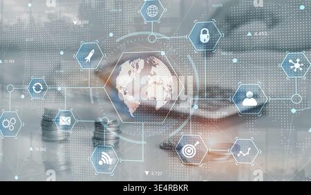 Global Technology Network Visualization with Business and Data Integration. Stock Photo
