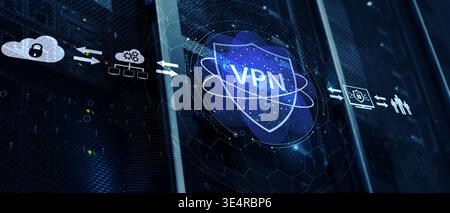 VPN Cybersecurity Network Protection Concept with Digital Shield Interface and Server Infrastructure Background. Stock Photo