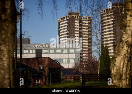 Rochdale town centre, Seven Sisters (College Bank)  iconic 1960s tower blocks and Hopwood Hall College Stock Photo