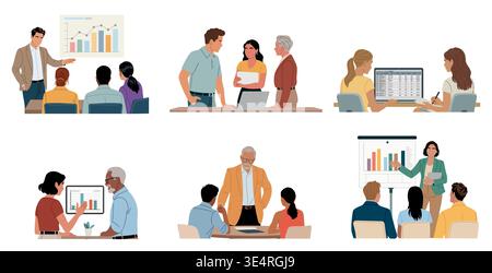 Team work unfolds in diverse office settings. Stock Vector