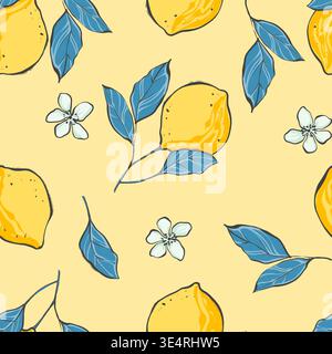 Vibrant seamless pattern featuring yellow lemons, citrus slices, white flowers and blue botanical leaves on yellow background. Ideal for Mediterranean Stock Photo